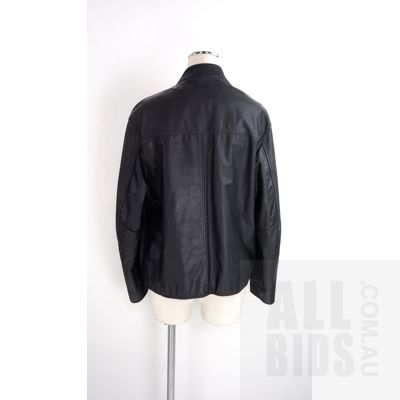 Vintage Black Leather Zip front Jacket with Cream and Tan Trim