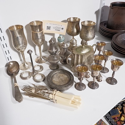 Assorted Vintage Silverplate including Faux Bone Handled and other Cutlery, Goblets and Coasters