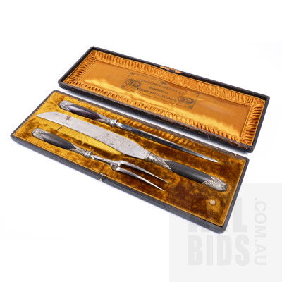 Antique Christopher Johnson & Co Sheffield Carving Set with Wodden and Silverplate Handles in Original Case