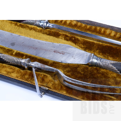 Antique Christopher Johnson & Co Sheffield Carving Set with Wodden and Silverplate Handles in Original Case