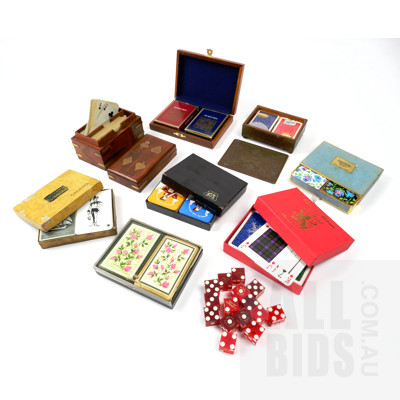 Eight Vintage Packs of Playing Cards in Original Cases including Wooden and Brass and 15 Dice from Jupiters Casino Las Vegas