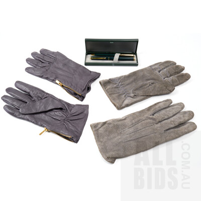 Two Pairs of Leather and Suede Gloves and a Boxed Fountain and Ballpoint Pen Set