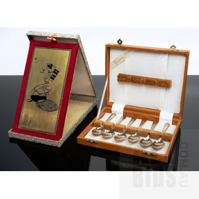 Grosvenor Boxed Set of Teaspoons and an Oriental Brass Plaque with Stand and Box (2)