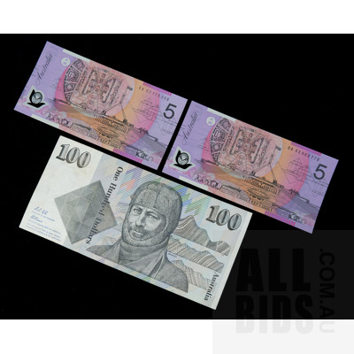 Australian $100 Fraser/Cole Paper Note, ZHU 903530 and Two $5 Notes BA02003770, EA 02179366