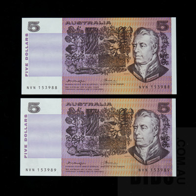 Pair of Consecutively Numbered Uncirculated Knight/Wheeler $5 Notes, NVN153988-NVN153989