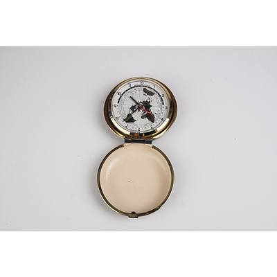 Stanley of London Royal Navy Pocket Compass with Details of HMS Indefatigable in Leather Case  and a Timecraft Japan Pocket Clock (2)