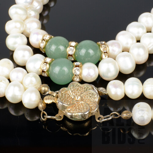 Double Stand of Fresh Water Pearls with Three Green Quartz Beads and Faux Roundels