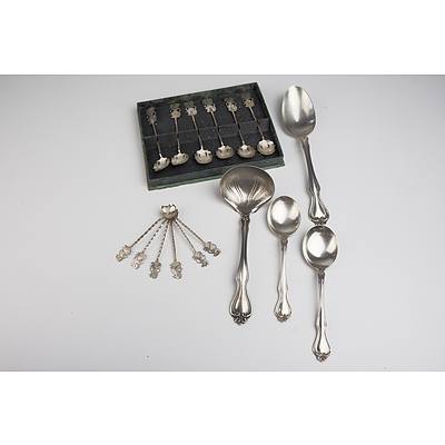 Vintage Cased Set of Six Thai 800 Silver Spoons in Two Sizes and Four EPNS Serving Spoons