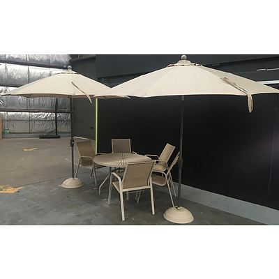 Beige Powder Coated, Outdoor Furniture Suite With 2 Large Umbrellas - Lot Of Eight