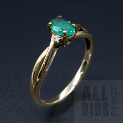 9ct Yellow Gold Ring with Created Emerald and Two Single Cut Diamonds, 1.5g