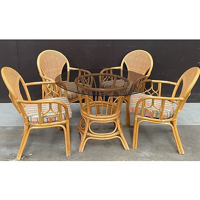 Smoked Glass Wicker Outdoor Table With Four Wicker Chairs