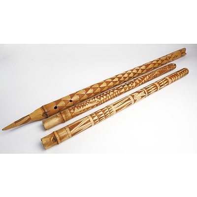 Three Vintage Fijian Bamboo Nose Flutes with Pokerwork Decoration