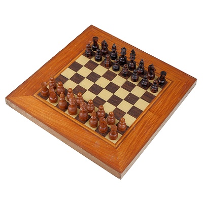 Vintage Chess Set - Turned Wooden Pieces and Mixed Inlaid Timber Board