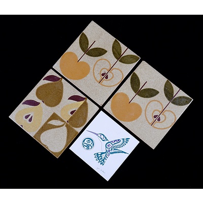 Three Retro Italian Semigres Tiles with Apple and Pear Motif and a Joe Wilson Hand Painted Hummingbird Tile (4)