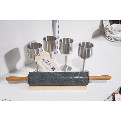 Green Marble Rolling Pin with Wooden Handles and Base and Four Pewter Goblets