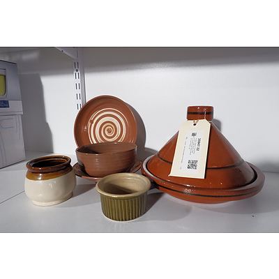 Pottery Tagine, Three Pieces of Lizette Studio Pottery, Small Emile Henry Ramekin and Pottery Jar