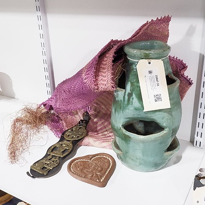 Glazed Pottery Planter, Hartstone Pottery Heart, Horse Brasses on Leather Hanger and Pink Seagrass Mat