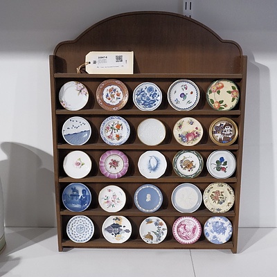 Collection of 25 Miniature Plates from the Worlds Greatest Porcelain Makers including Lladro, Wedgwood and Doulton with Display Shelf