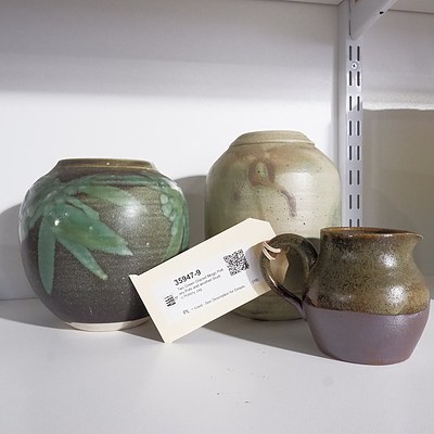 Two Green Glazed Mogo Pottery Pots and another Studio Pottery Jug