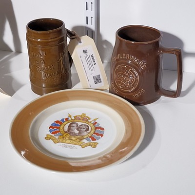 Shelley King George VI Coronation 1937 Plate and Two Fowlerware Steins, One Featuring Indigenous Motif