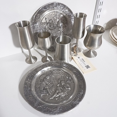 Assorted Vintage Pewter Wares including Three German Wall Plates