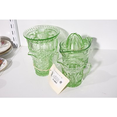 Assorted Vintage Green Depression Glass Pieces - Vase with Frog, Jug with Juicer, Two Small Jugs