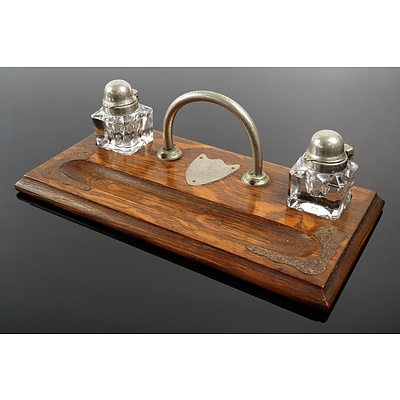 Antique Oak Inkwell with Two Silverplate Topped Glass Ink Bottles, Inscription Shield and Handle Circa 1920s