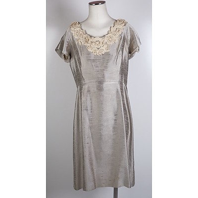 Mid Century Plume NZ textured Taupe Dress with Lace Applique and a Vintage Hand Crafted Printed Dress (2)