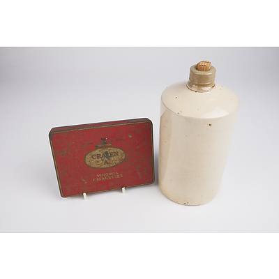 Large Vintage Stoneware Ink Bottle with Corks  and Craven A Cigarette Tin