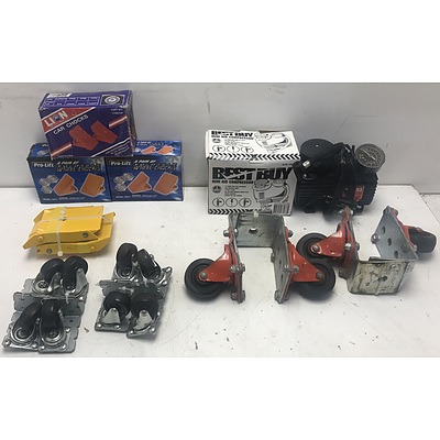 Two Air Compressors, Car Wheel Chocks and Caster Wheels