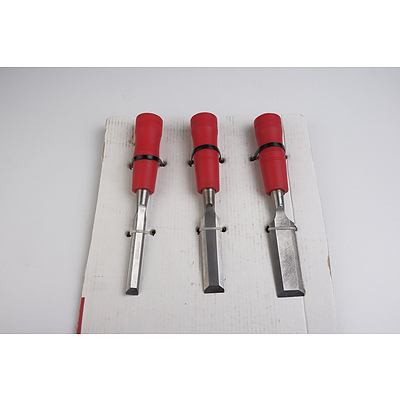 Three Wood Chisels with Red Handle and Metal End  Chisels