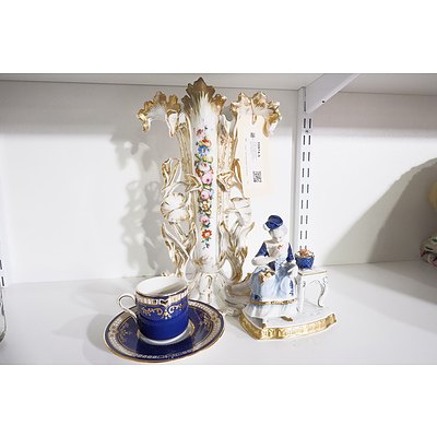 Vintage Continental Porcelain Vase, Replica Titanic Artifact Cup & Saucer and Unter Weiss Bach German Porcelain Figurine (3)