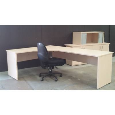 Beige Melamine Corner Desk, Credenza, Tambour Cabinet And Executive Office Chair