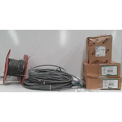 Large Assortment Of Electrical Cable And Accessories Including Junction Boxes, 12 Pair Cable, 2 Shielded Cable And Cover Plate Mounting Brackets - Lot Of Nine