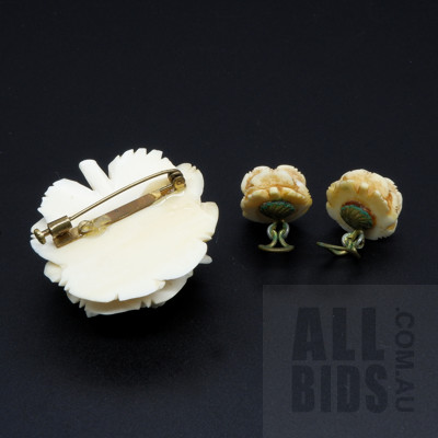 Vintage Ivory Floral Brooch With Matching Earrings, Early to Mid 20th Century