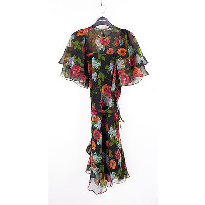 Vintage Fata Morgana Floral Chiffon Dress - Fully Lined with Flutter Sleeves