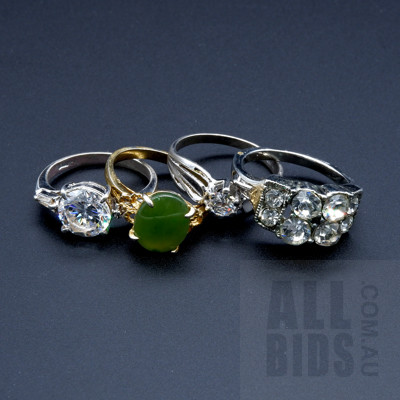 Four Costume Jewellery Rings with CZ, Foil Backs and Nephrite 