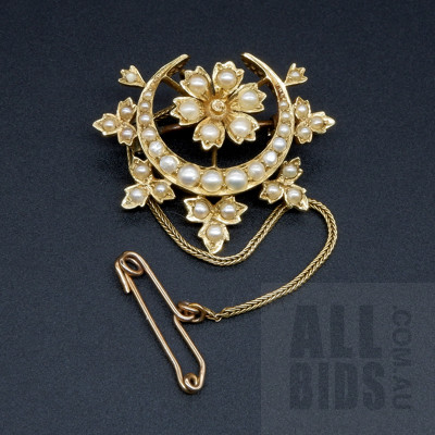 Antique Handmade 15ct Yellow Gold Crescent Moon and Flower Brooch with Graduated Half Seed Pearls, 5.8g