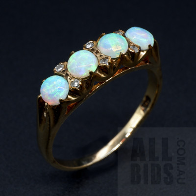 Antique Handmade 9ct Yellow Gold Ring with Four Crystal Opals and Single Cut Diamonds, Very Good Play of Colour, 2.1g