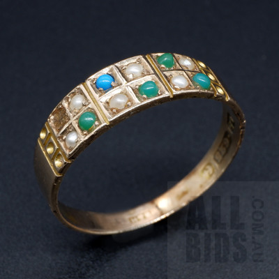 Antique Handmade English 15ct Yellow Gold Ring with Seed Pearl, Chrysoprase and Turquoise 