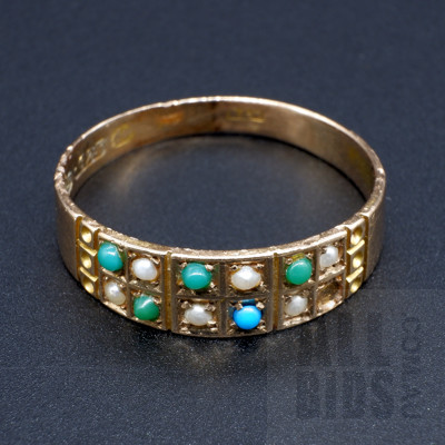 Antique Handmade English 15ct Yellow Gold Ring with Seed Pearl, Chrysoprase and Turquoise 