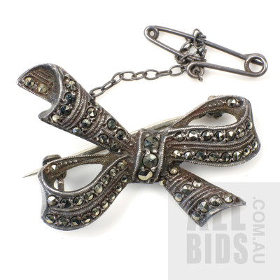 English Sterling Silver Marcasite Bow Brooch, 6.1g