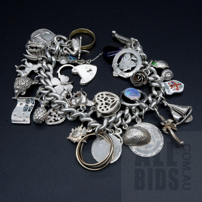 Sterling Silver Charm Bracelet with Various Charms Including Amethyst, Silver and More, 86.1g