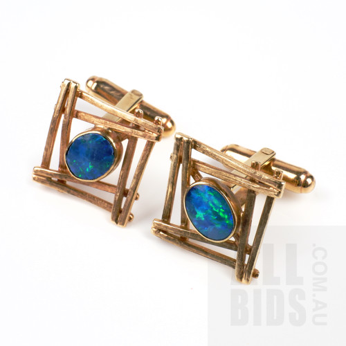Vintage Pair of 9ct Yellow Gold and Opal Doublet Cufflinks