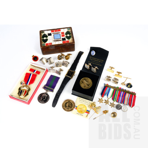 Collection of Vintage Gents Cufflinks, Seiko Quartz Watch,  Replica Miniature Medals, WW2 60 Years Medallion and More