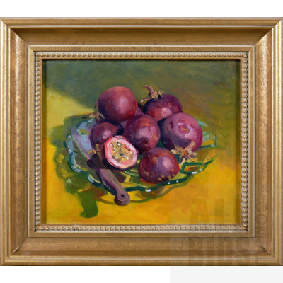 Val Johnson (late 20th Century), Passionfruit, Oil on Canvas on Board, 24 x 29 cm