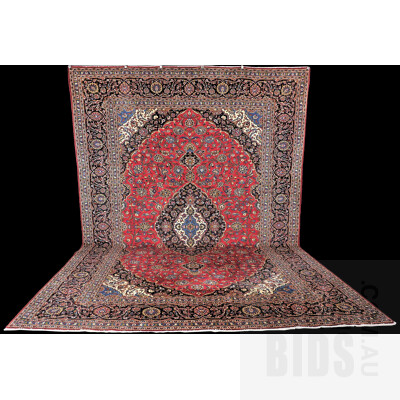 Very Good Vintage Persian Kashan Hand Knotted Kork Wool Room Sized Carpet with Classic Book Cover Design,Madder Red Field and Shah Abbas Motif