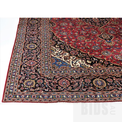 Very Good Vintage Persian Kashan Hand Knotted Kork Wool Room Sized Carpet with Classic Book Cover Design,Madder Red Field and Shah Abbas Motif