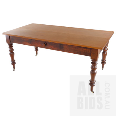 Antique Farmhouse Dining Table with Pine Top, Baltic Pine Skirts, and Cedar Legs with Single Drawer
