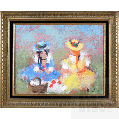 Harcher, Untitled (Two Hatted Ladies), Oil on Board, 32 x 39 cm